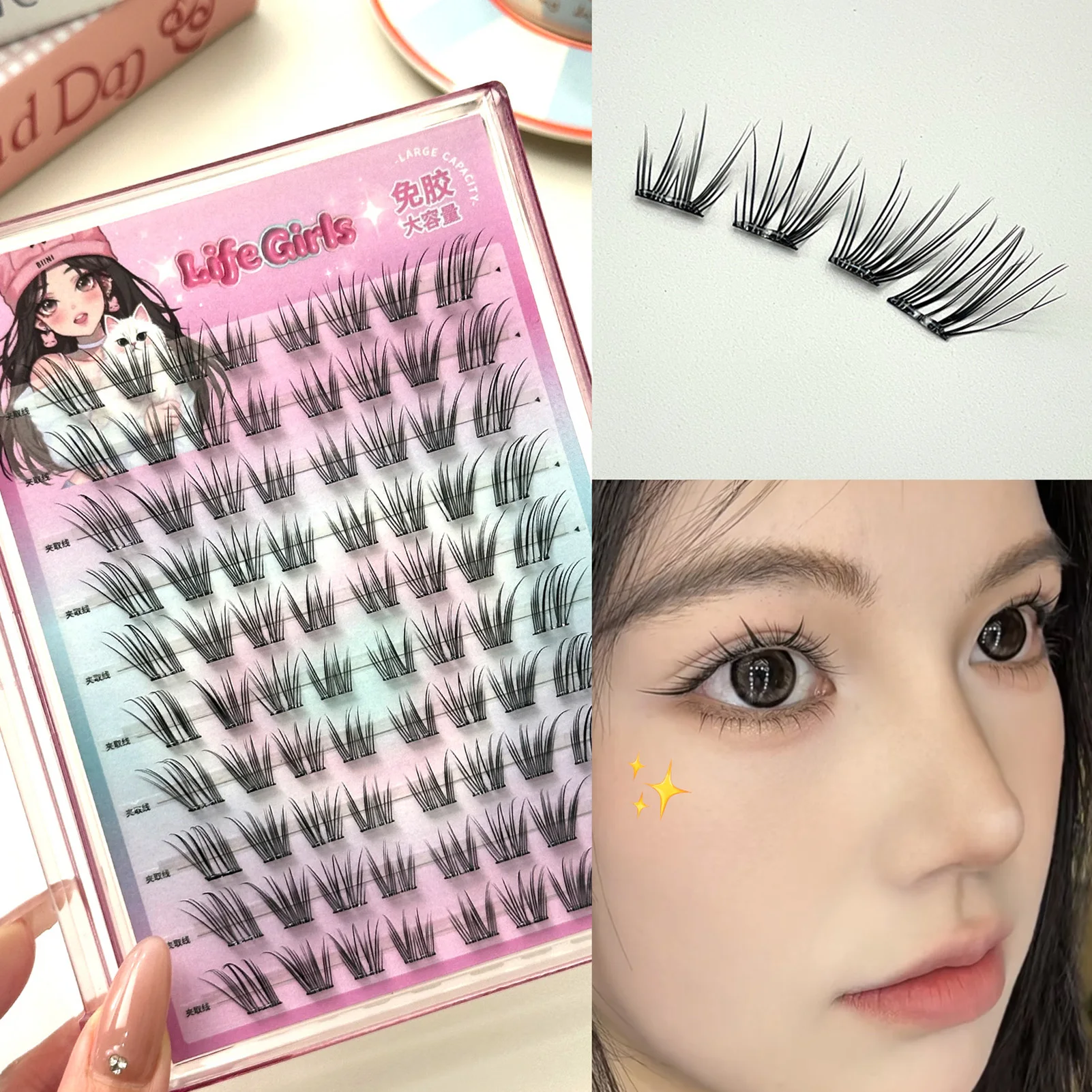 Manga False Eyelashes fox- eye cosplay No Glue Black Lashes extenstion 7-12mm Mixed Length Natural Volume Thick curled up lash