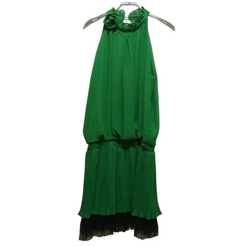 

Sexy Halter Dress Sleeveless Chiffon Pleated Dresses Women New Fashion Lace Patchwork Green Party Vestidos