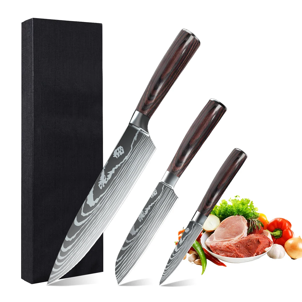 Professional Kitchen Knives Set Stainless Steel 7CR17 440C Laser Damascus Japanese Santoku Cleaver Slicing Utility Chef Knife