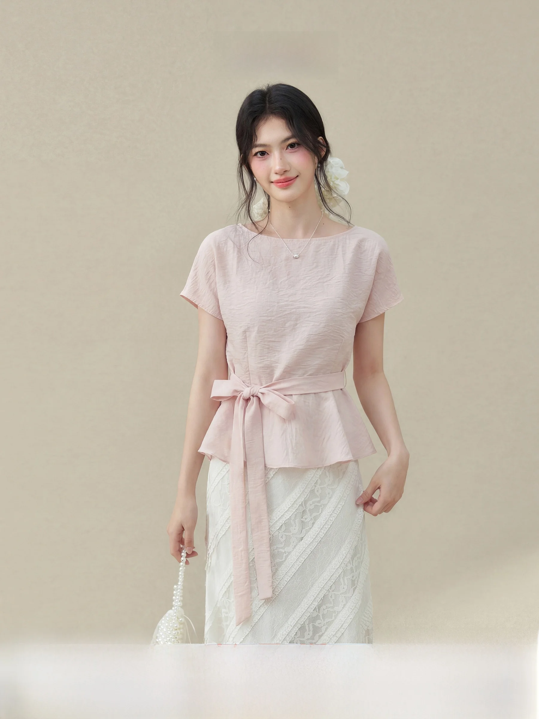 

Sweet Style Women's Short Sleeve Shirt Waist Cinching Bow Tie Summer Floral Bitter Orange Pink Commute Style round Neck