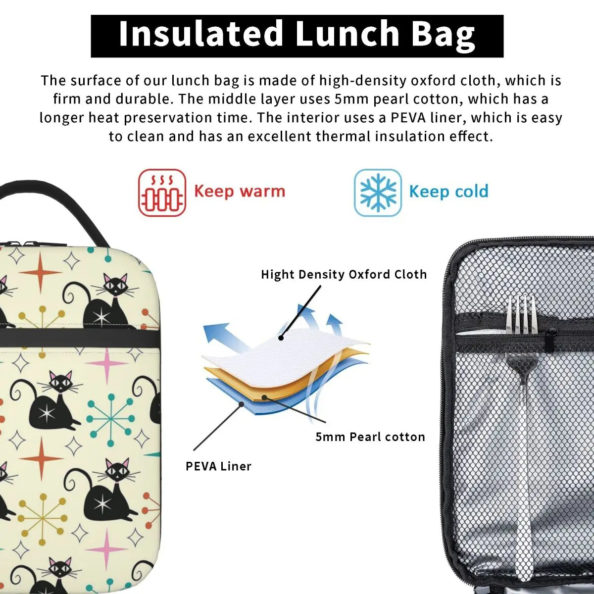 Mid Century Black Atomic Cat With Starbursts Insulated Lunch Bag for Women Kids Leakproof Food Boxes Thermal Lunch Box Tote