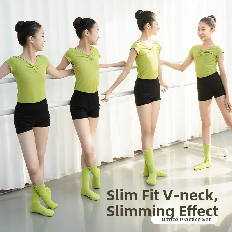 薄手のダンス練習着半袖バレエダンス服女の子用子供用パフォーマンス衣装夏用シェイプトレーニングトップ
