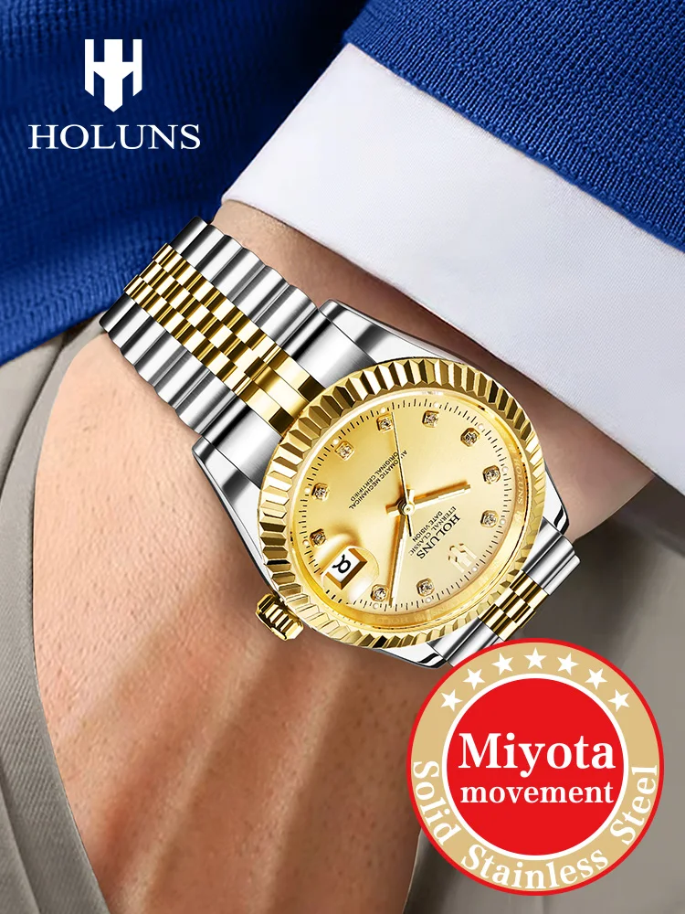 Holuns orologio in oro per uomo diamanti di lusso classico orologio meccanico automatico da uomo in acciaio inossidabile impermeabile Relogio Masculino