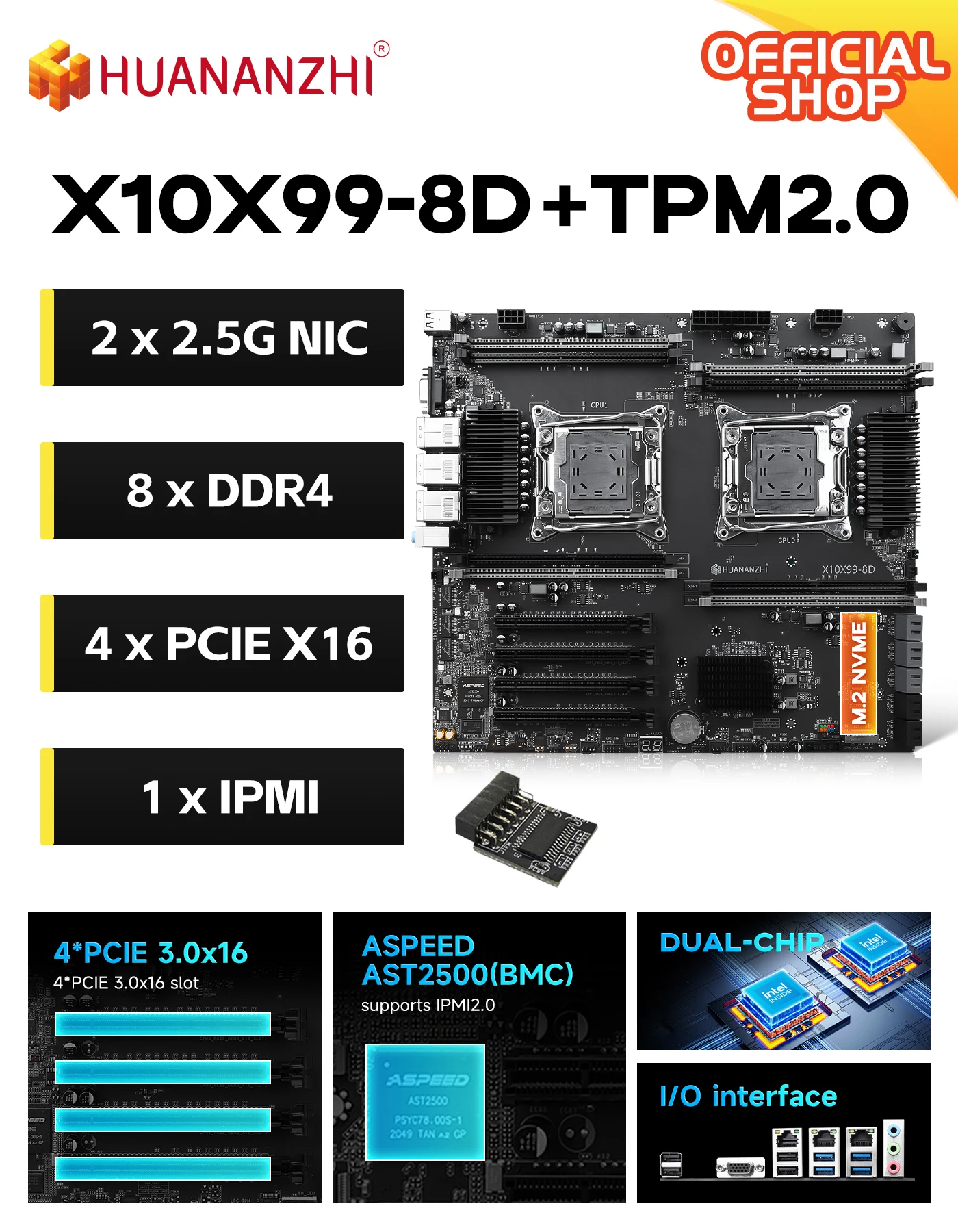 Placa Base HUANANZHI X10X99-8D+TPM2.0 LGA2011-3, LAN Dual de 2.5G, DDR4, 512GB PCIe 3.0, E-ATX