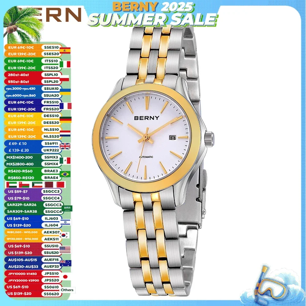BERNY Women Automatic Mechanical Watch Calendar Simple Dial Sapphire Waterproof 3Bar Wristwatches жаночыя гадзіны BERNY NH05