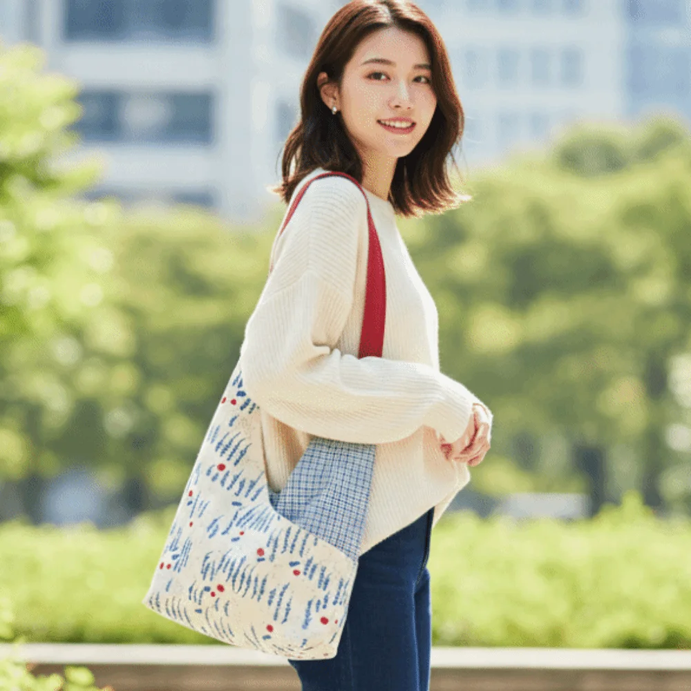 Large Capacity Canvas Tote Bag Eco Cloth Magnetic Buckle Triangle Hobo Handbag Plaid Contrast Color Patchwork Crossbody Bag