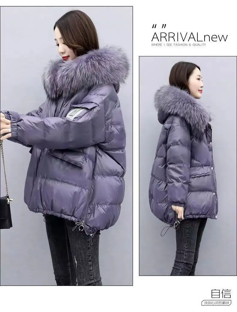 2026 Winter New Warm Down Cotton Jacket With Large Fur Collar Hooded Coat Loose Women Thicken Parker Puffer Overcoat Casual Wear