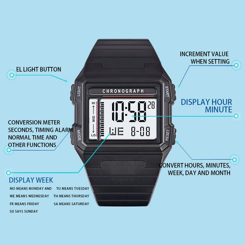 UTHAI Watch Men Square Digital Watches Sports Running Time 3ATM Waterproof Alarm LED Fall resistant Male Student Clock Watches