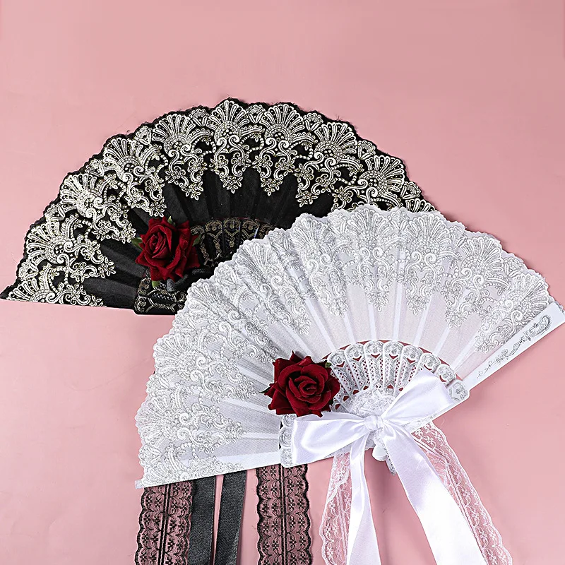 Lolita Lace Folding Fan, Gorgeous, Retro Style, Rose, Dark Comic-Con Cosplay, Photography Props, Stage Performance, Dance Party