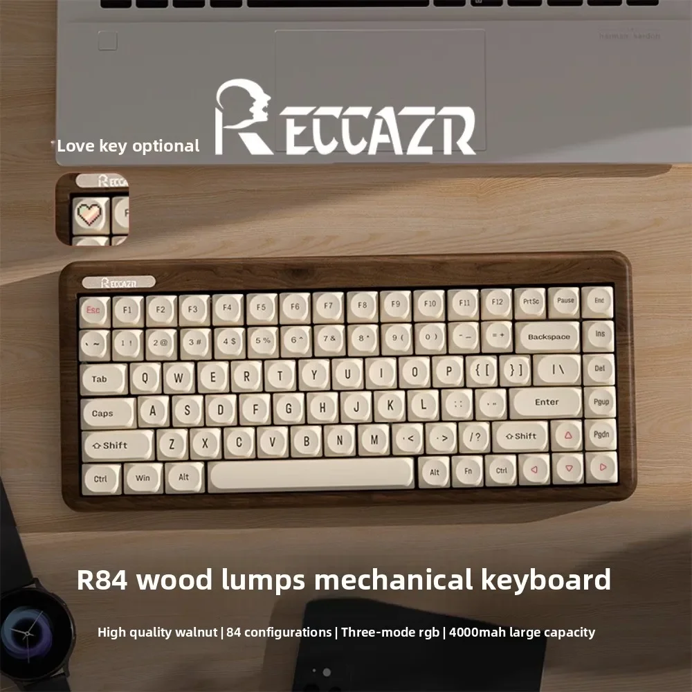 

RECCAZR R84 механическая клавиатура, колпачки для клавиш тофу, материал ореха, трехрежимная полная клавиатура с возможностью горячей замены, индивидуальный комплект клавиатуры 4000 мАч
