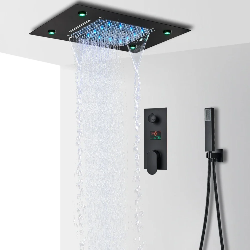 Black LED Digital Display Shower Faucet Set Rain Wateall Bathtub Shower System Remote Control LED Colors Ceiling Mounted Tap