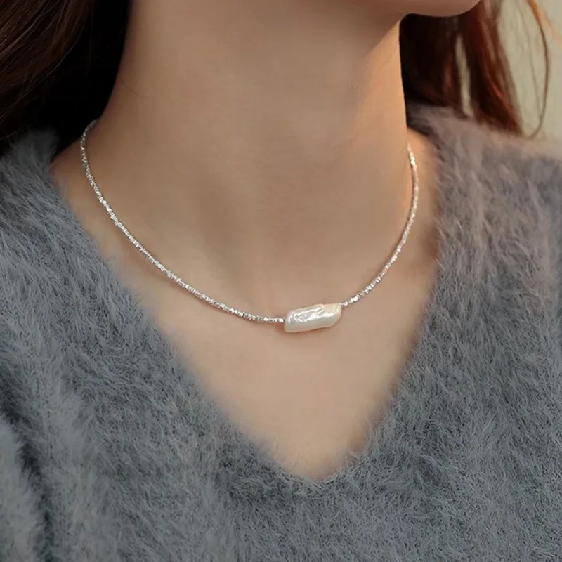 

Minar Temperament Irregular Freshwater Pearl Pendant Necklaces for Women Girls Copper Shiny Silver Water Wave Chain Chokers