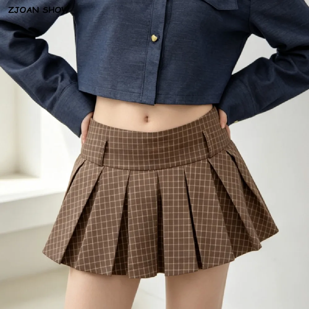 Women Side Zipper Waist Gingham Plaid Mini Pleated Skirt The Spice Girls Ruched Hem A-line Short Skirts with Shorts Lining