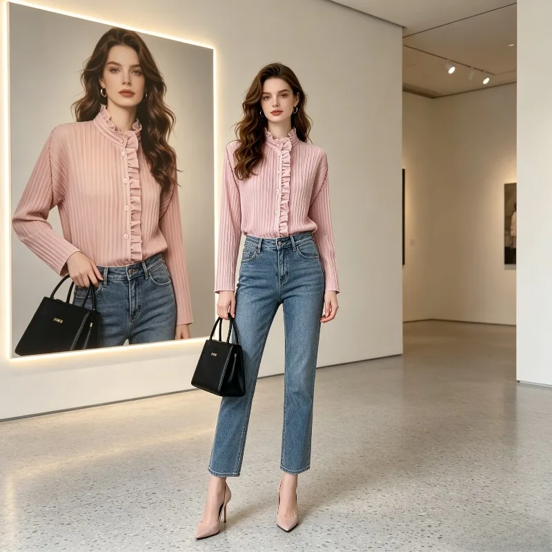 

Miyake Pleated 2026 Spring/Summer French Retro Ruffled Half-High Collar Shirt for Women High-End Commuter Long-Sleeve Top Pleat