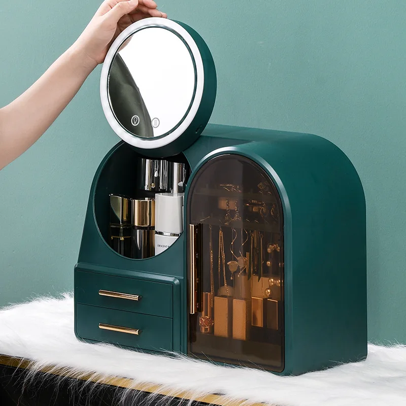 Skin Care Cosmetics Storage Box, Fan, Mirror, LED Light, Integrated Desktop, Lipstick, Jewelry Cabinet, Dressing Table