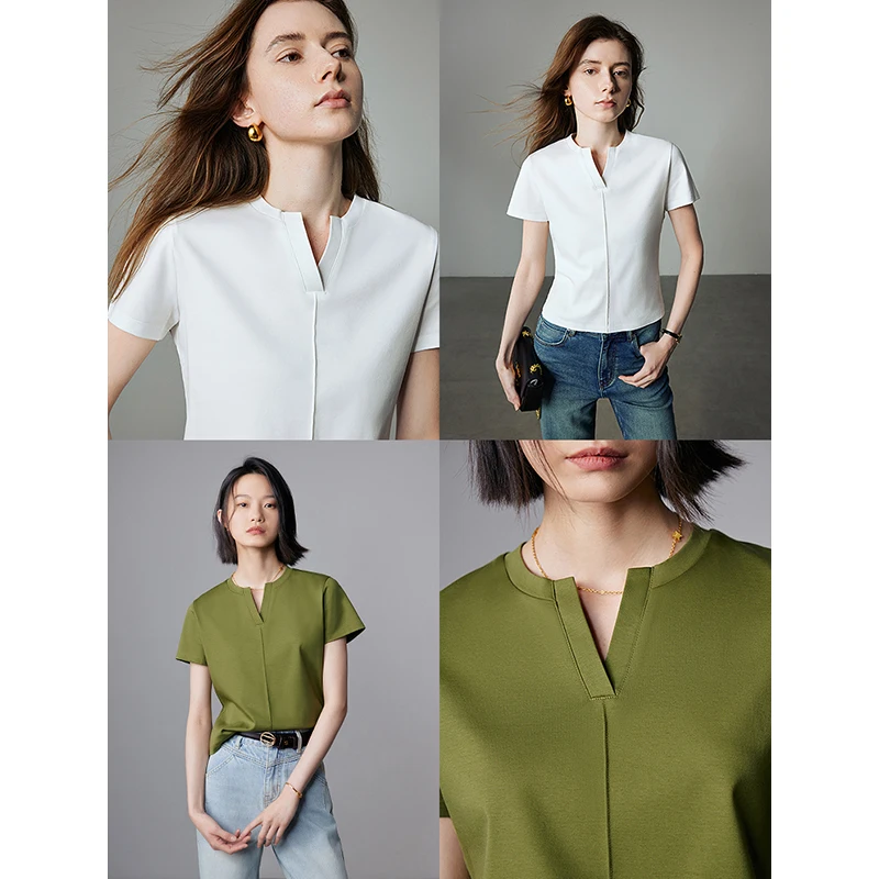 TOYOUTH Women Xinjiang Long Staple Cotton T-shirt 2024 Summer New Solid Color Top