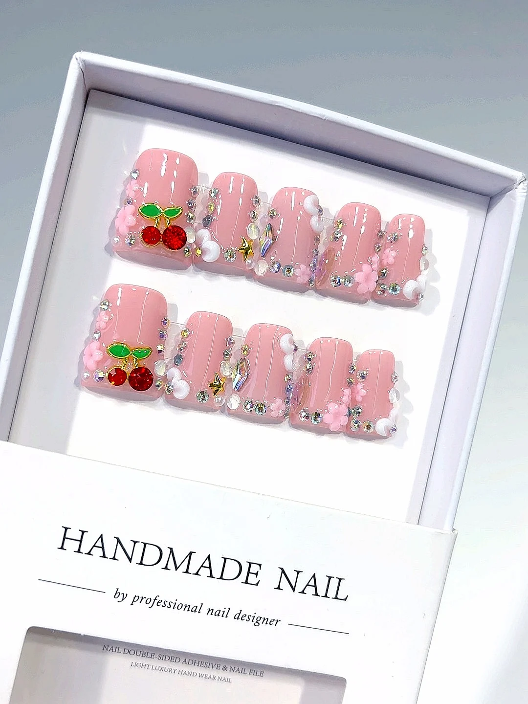 

Pink Cherry Floral Rhinestone 3D Art Press on Nails - Handmade Kawaii False Nails with Glitter Details for Women（L227）