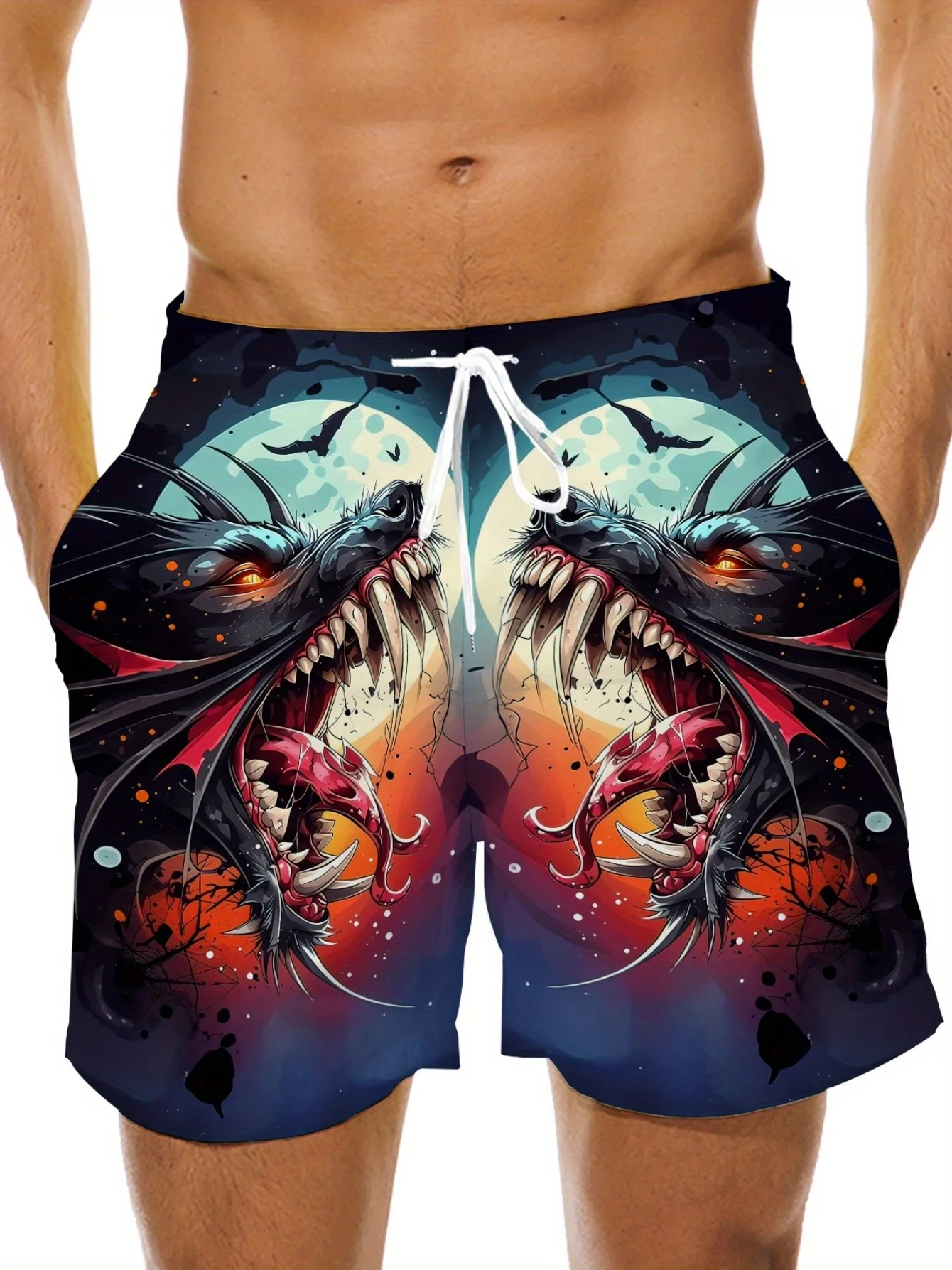 

Plus Size Mens Relaxed Fit Casual Sports Shorts Wolf Head Print- Stretchy Polyester Fabric, Multiple Pockets, Machine Washable,