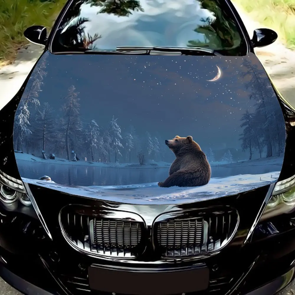 

Brown Bear In The Snow Looking Up At The Moon Car Hood Wrap Color Vinyl Sticker Truck Graphic Bonnet Auto Accessories Decor Deca