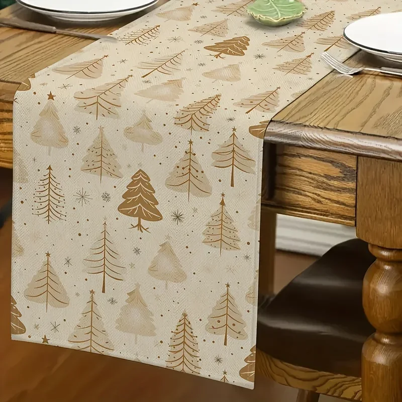

Bohemian style vintage Christmas tree table runner with golden pine and star design. Festive and perfect for parties, New Years