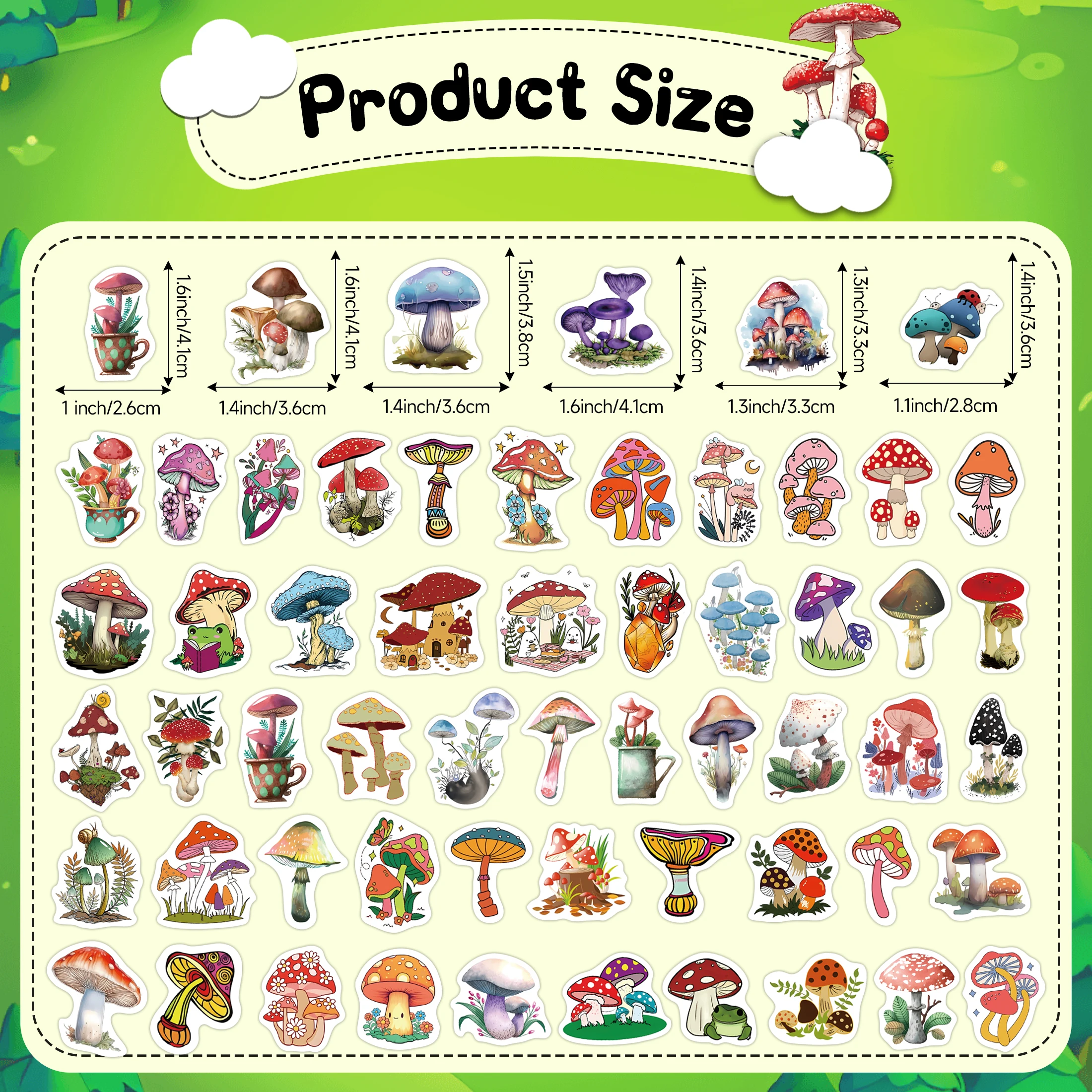 버섯 물병 야광 스티커, 비닐 방수 데칼 팩, 노트북 스케이트보드 전화 케이스, 어린이 스티커, 50 개