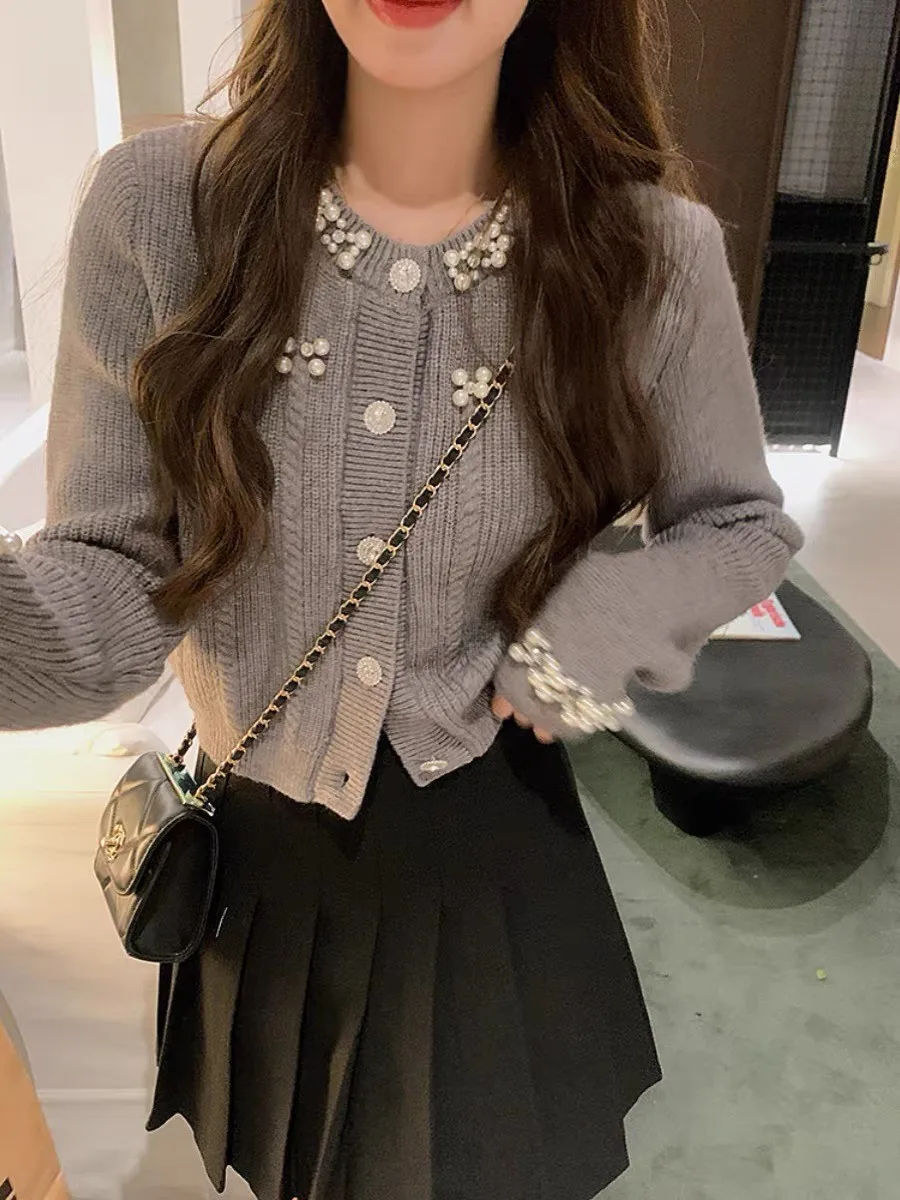 Pearl Beaded Elegant Knit Cardigan Sweater Women 2024 Spring Long Sleeve Single-breasted Tops Stylish Fashion Chic Ladies Jumper