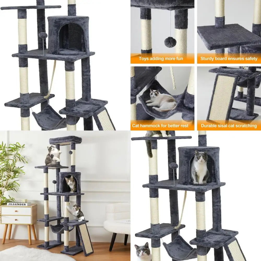

65 High Multi-Level Grey Cat Tree with Sisal Scratching, Condo, Hammock, and Dangling Ball