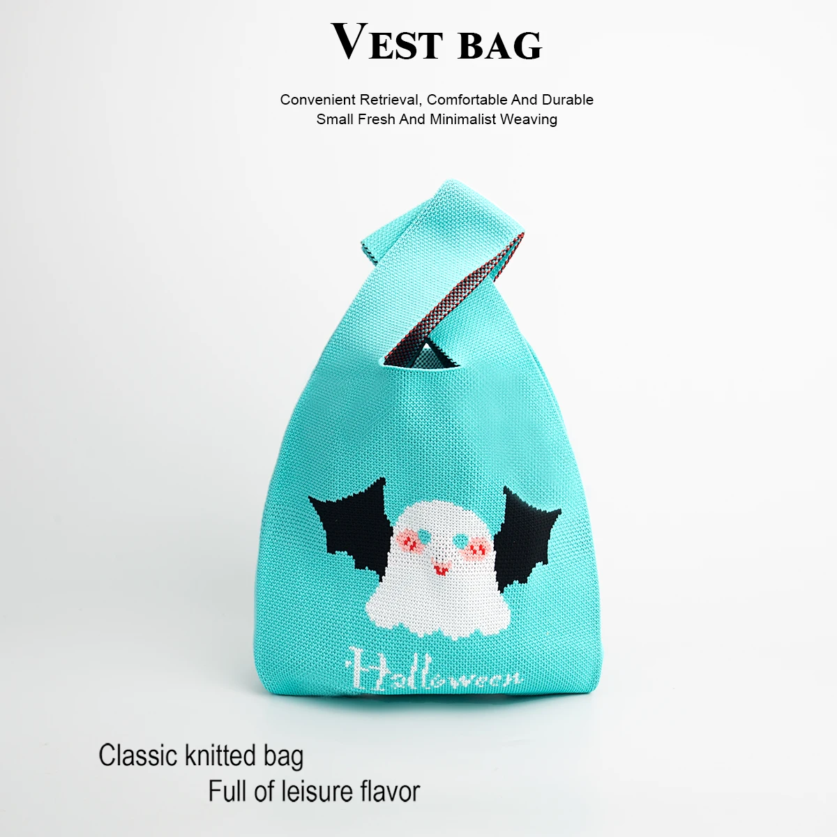 

Halloween Bat Little Ghost Cute Cartoon Style Knitted Tote Bag, Open-Top, Breathable, Durable, Suitable for Daily Commuting, Travel, and Vacation Use, Can Be Used for Halloween, Versatile for All Seasons, Casual, Large Capacity to Meet Daily Outing Needs,