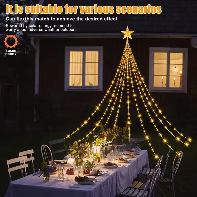 118in/280LED Solar Star Waterfall Light Outdoor 8 Modes Camping String Lights for Christmas Tree,Party,Garden,Patio Decoration