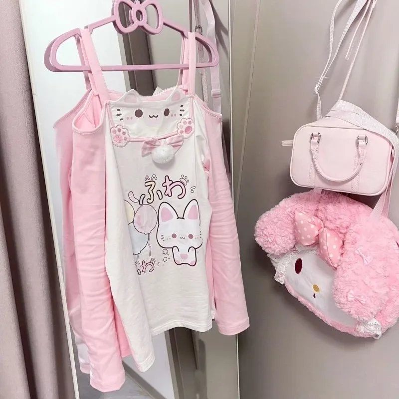 Japanese Soft Girl Cute House Cat Amusement Park Pink Slim Off Shoulder One Shoulder Fake Two Suspenders Pure Desire Tshirt Top