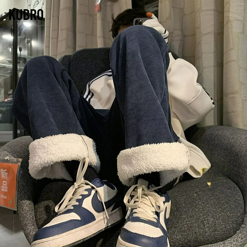 

Мужские вельветовые прямые повседневные брюки из пуха ягненка, осень-зима, свободный крой, модные эластичные удобные брюки с защитой от холода