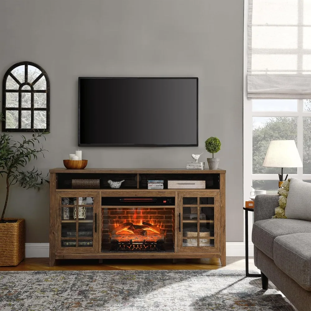 

TV Stand TV Cabinet with Electric Fireplace for 55-65 Inch TV, 55'' Modern Media Entertainment Center with Farmhouse Wooden Door