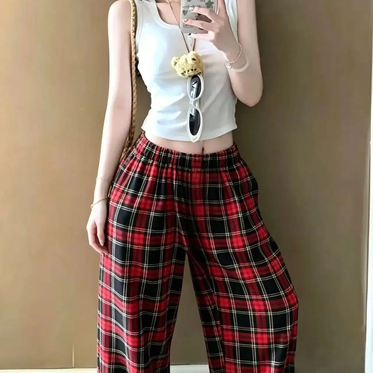 

New Y2K red checkered wide leg casual women's pants, elastic retro soft straight leg loose sleepwear, casual walking sleepwear