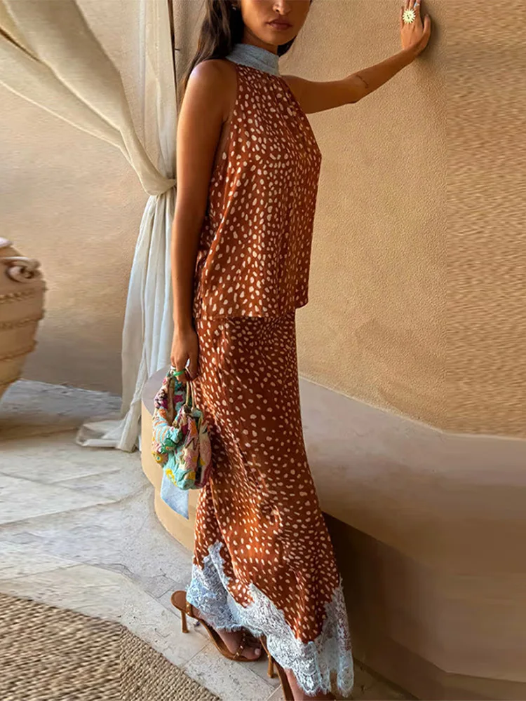 Conjunto de Dos Piezas para Mujer con Encaje de Puntos, Top sin Mangas con Cuello Halter y Falda Maxi de Cintura Alta, Atuendo de Fiesta para Mujer, Primavera 2026