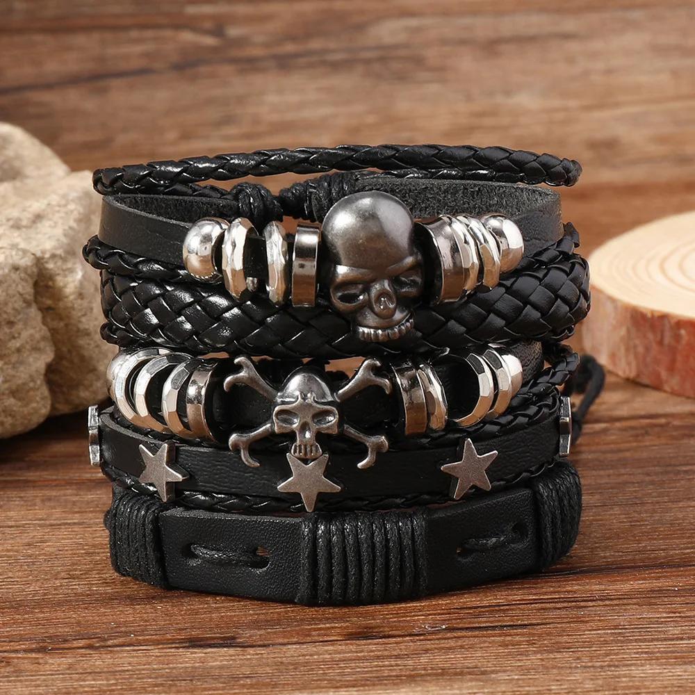 5 uds pulseras de cuero tejidas estilo Punk para hombres Hip Hop estrella de cinco puntas calavera pulsera con cordones para hombres conjunto regalos para amigos
