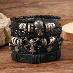 5pcs Punk Style Woven Leather Bracelets For Men Hip Hop Five Pointed Star Skull Men's Lace-Up Bracelet Set Gifts For Friend