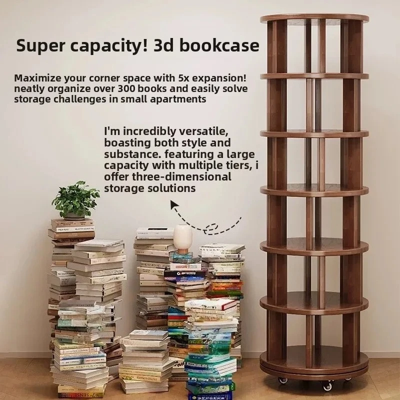 Advanced solid wood multi-layer rotating bookshelf, living room corner bookshelf, student bookshelf, mobile pulley storage rack
