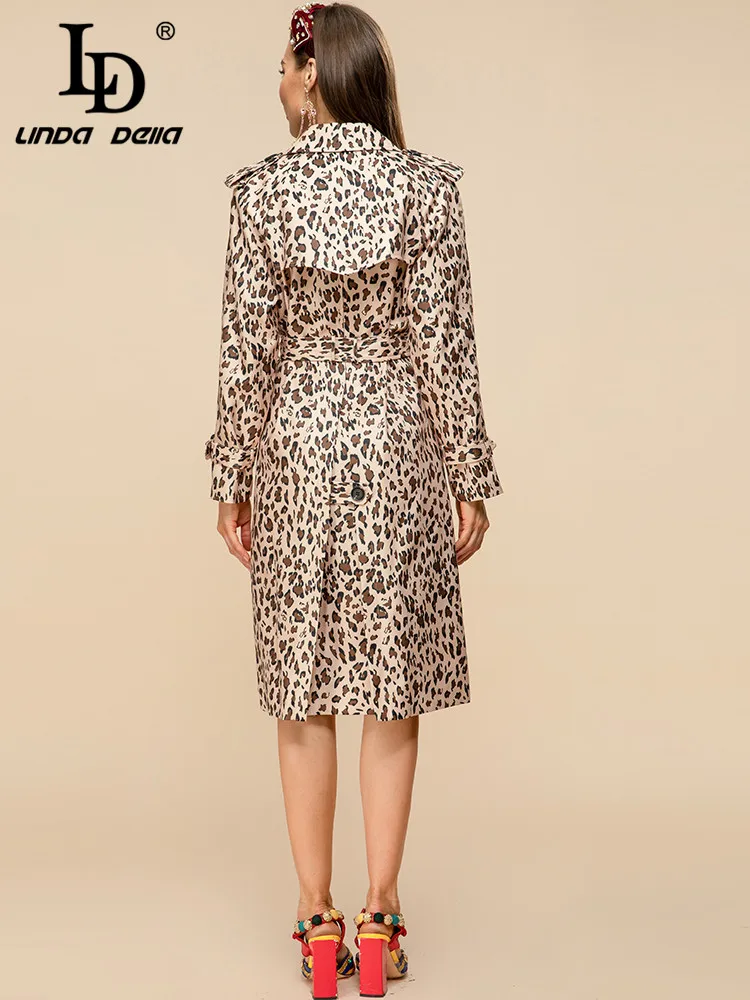 LD LINDA DELLA 2023 Designer Spring Fashion Trench Coat Women\'s Long sleeve Belted Vintage Leopard print Outwear Overcoat