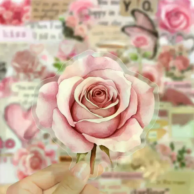 50 Pcs Vintage Rose & Love PVC Graffiti Stickers Retro Style Unique Decorative Journal Labels Handmade Art Supplies