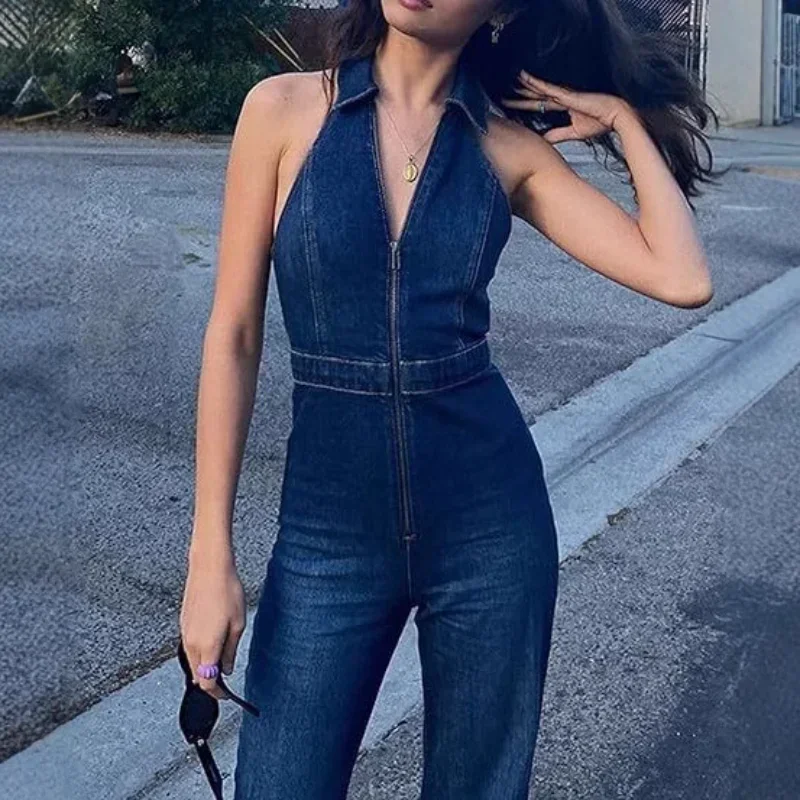 

2025 Summer New European And American Style Women's Fashion Retro High Waist Denim Jumpsuit Slim Fit Street Chic Vintage Look