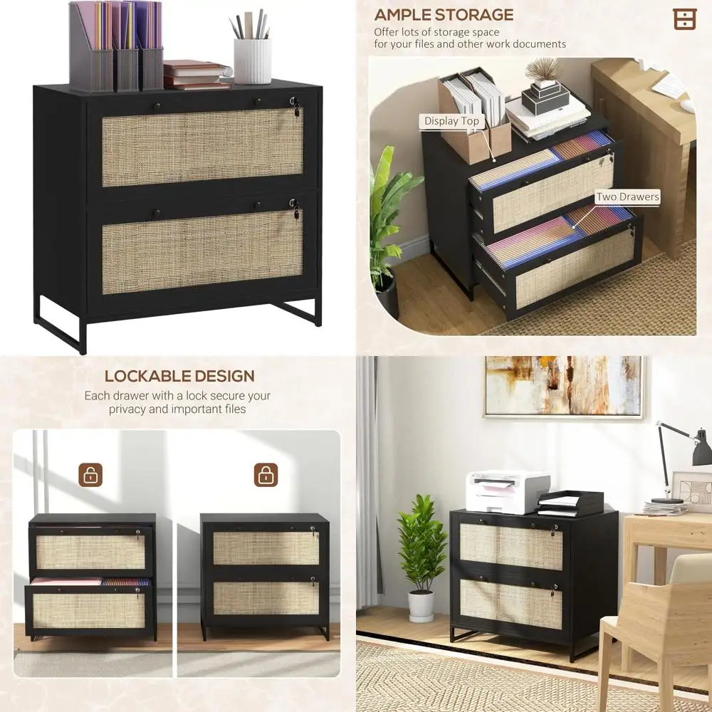 

Black 2-Drawer Lockable Rattan File Cabinet with Adjustable Bars for Letter, A4, and Legal Files, Printer Stand, Ideal for Home