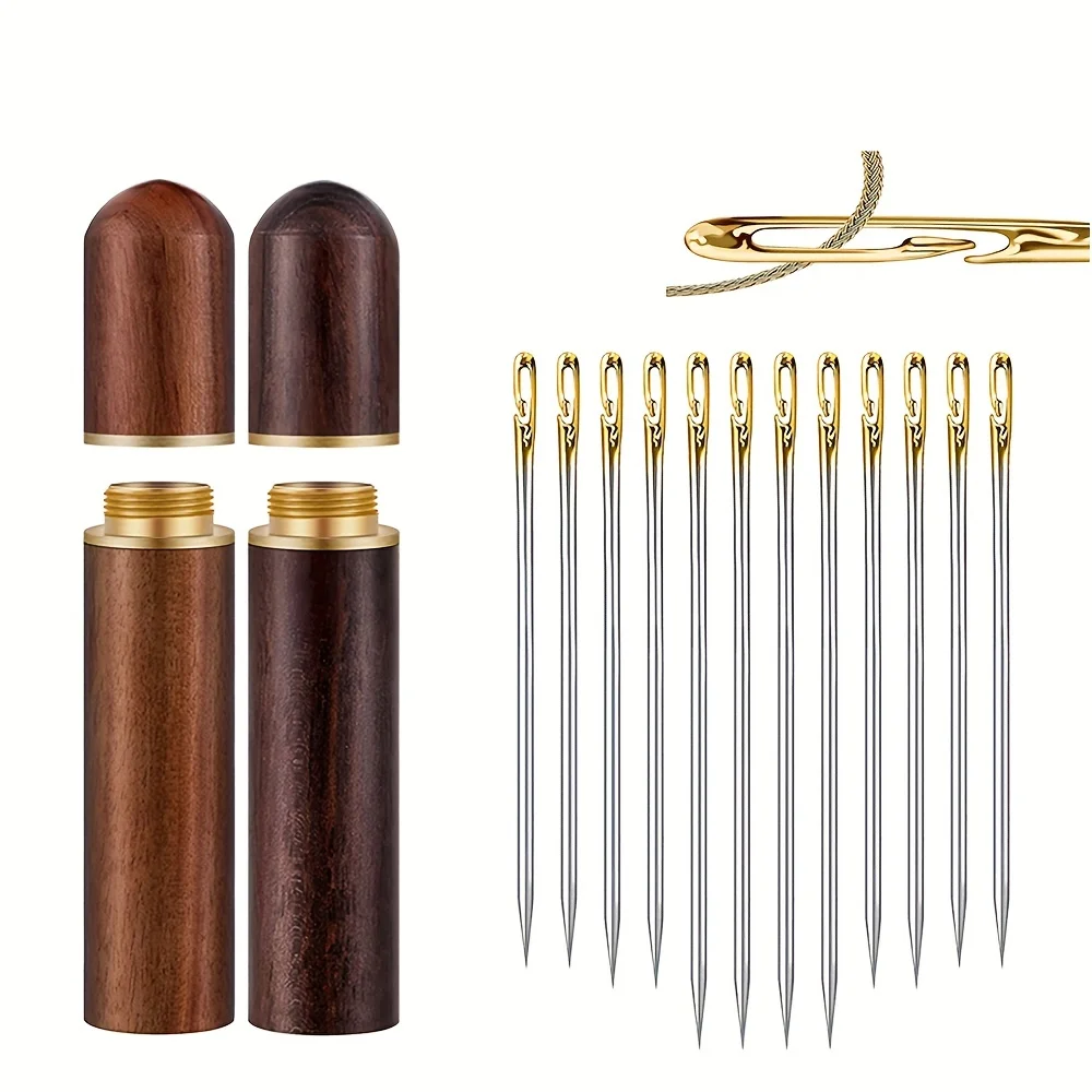 12pcs Self Threading Needles Easy Threading Needles with 1pcs Wooden Needle Case for Storing Handmade Sewing Embroidery