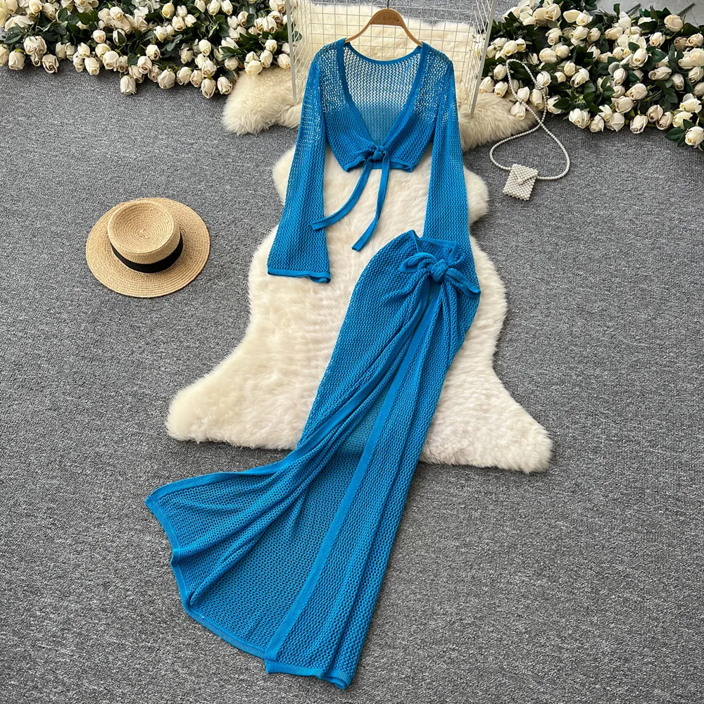 Sexy Crochet 2 Piece Cut Out Long Sleeve Backless Tie Up Top Long Skirt Set Club Knit Beach Dress Outfit Bikini Cover-ups