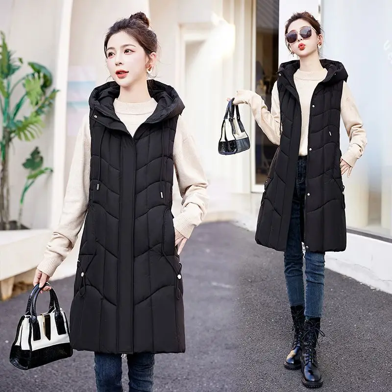 

Autumn Winter new Down Cotton Vest Women fashion Hooded Mid-Length Thick Warm Sleeveless Jacket Female Waistcoat slim tops R129