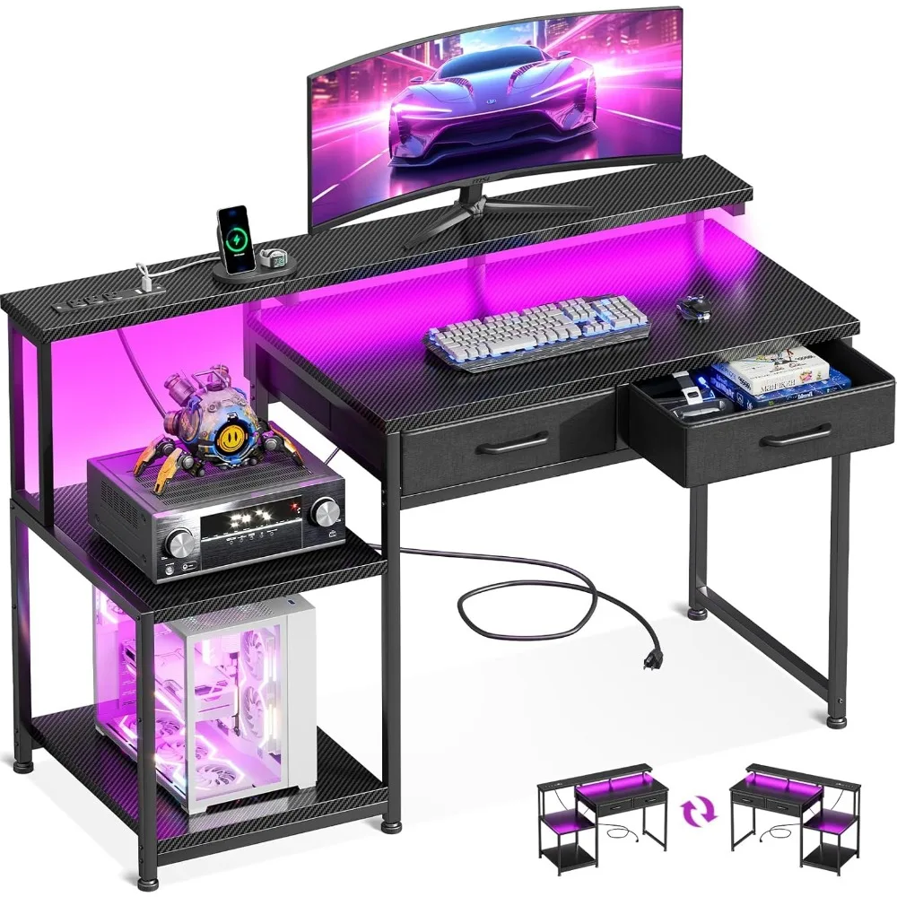 

Gaming Desk with Led Lights & Power Outlet, 48 Inch Computer Desk with Drawers, Office Desk with Large Display Storage Shelv