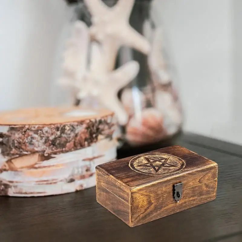 Wooden Jewelry Storage Box Antique Star Carved Trinket Box Storage Case Chic Organizer Tarot Cards Necklaces Unique Home Decor