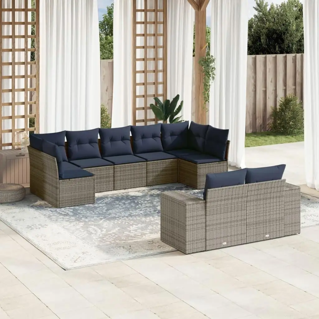 

9 Piece Outdoor Patio Sofa Set with Gray Cushions Poly Rattan Garden Furniture