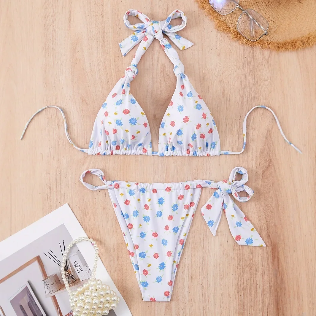 2025 комплект бикини с микро-бинтами и принтом, женский сексуальный комплект из двух предметов с завязками спереди, купальный костюм с высокой талией, летние каникулы, ткань для плавания