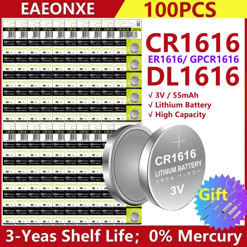 100pcs CR1616 Coin Cell Battery 3V 1616 High Capacity Lithium Battery for Watch Remote