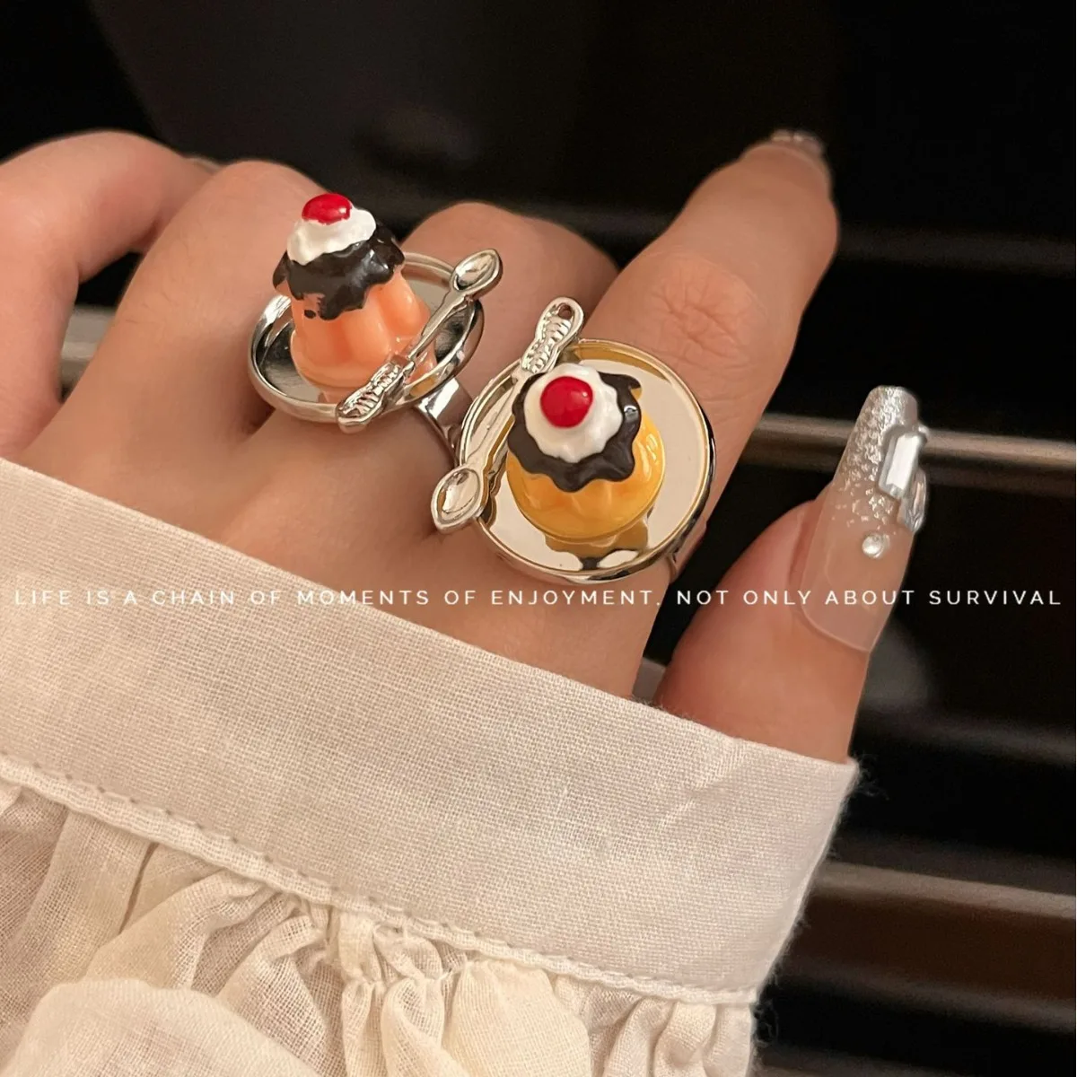 Cute Quirky Design Cake Ring Cherry Chocolate Fruit Cake Afternoon Tea Ring Girl Grilfrriend Birthday Gift Accessories Rings